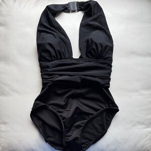Magicsuit Black Halter Ruched One-Piece Swimsuit, size 6